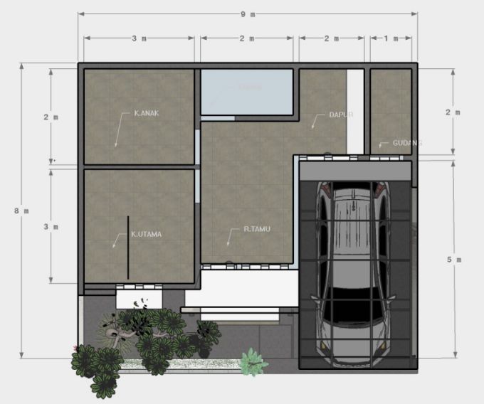 Denah Rumah 8x9 dengan 2 Kamar Tidur