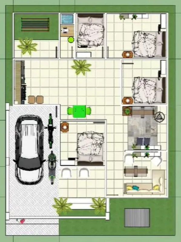 Denah Rumah 9x9 3 Kamar Tidur