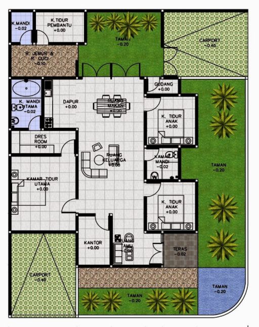 Denah Rumah 9x9 4 Kamar Tidur