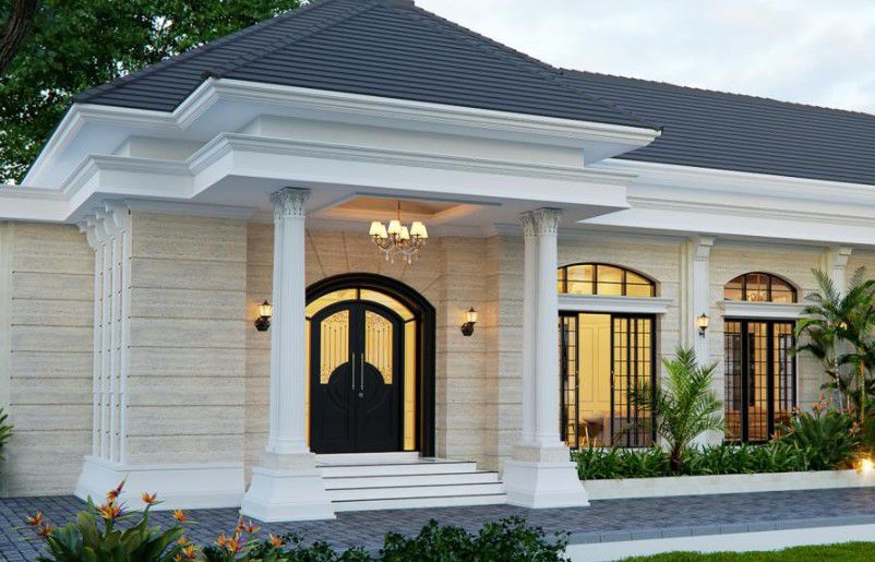 tampak depan rumah klasik modern 1 lantai