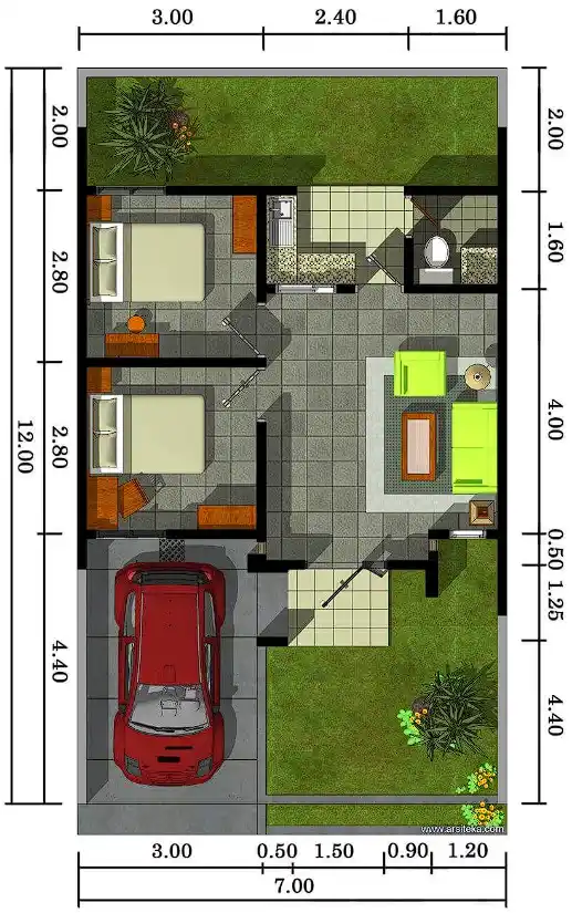 Denah rumah minimalis ukuran 7x12 2 kamar dan Carport