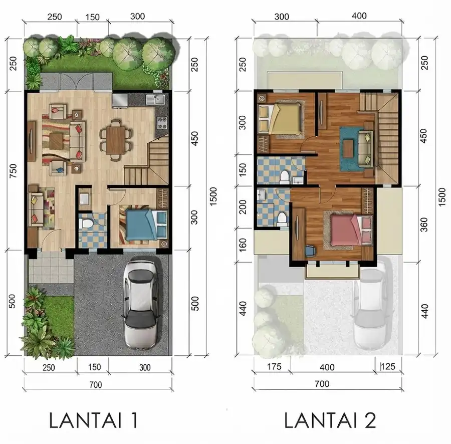 Denah rumah ukuran 7x15 3 kamar 2 lantai