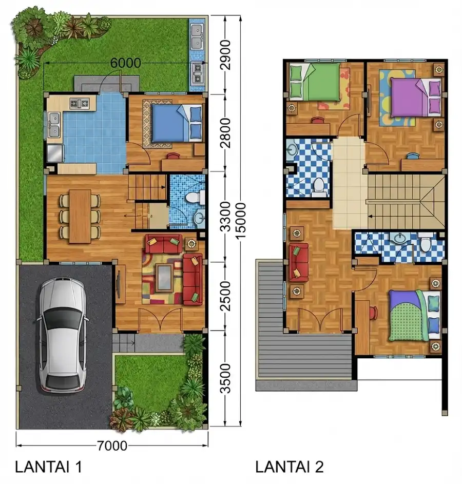 Denah rumah ukuran 7x15 4 kamar 2 lantai