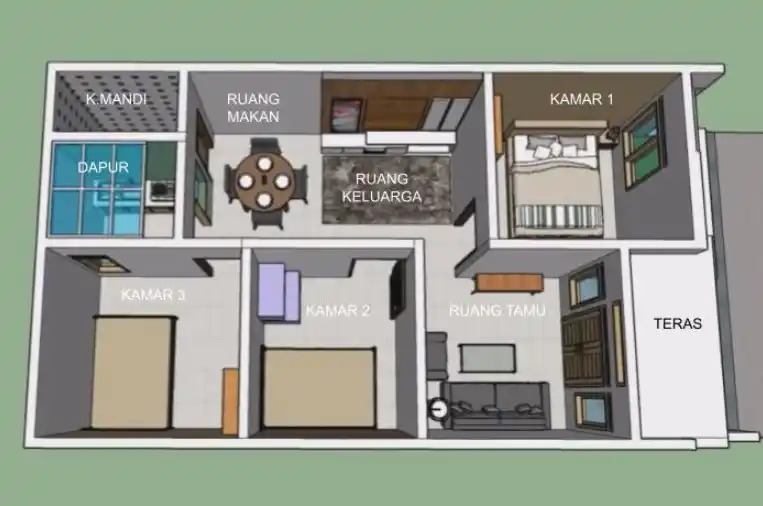 Desain Rumah 7×12 Sederhana 3 Kamar di Kampung