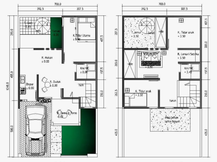 denah rumah 7x12 memanjang 2 lantai