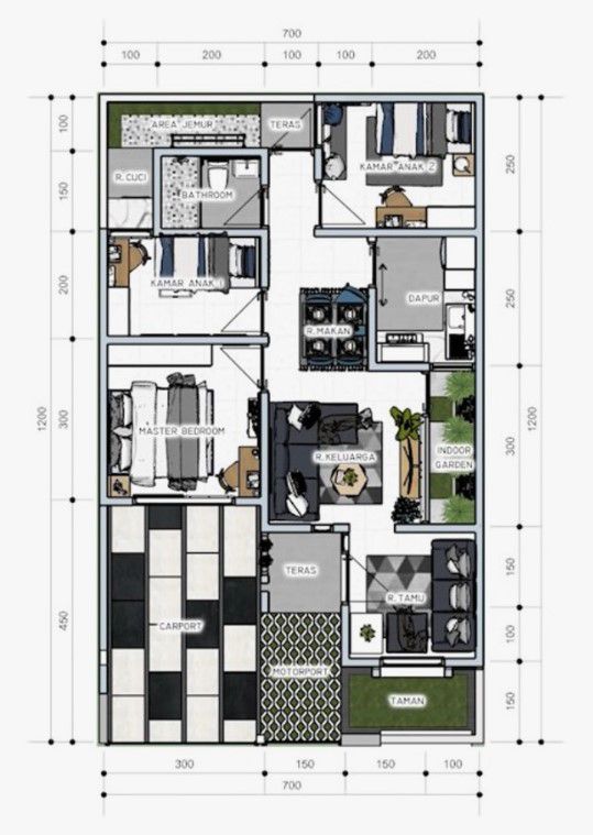 denah rumah 7x12 memanjang