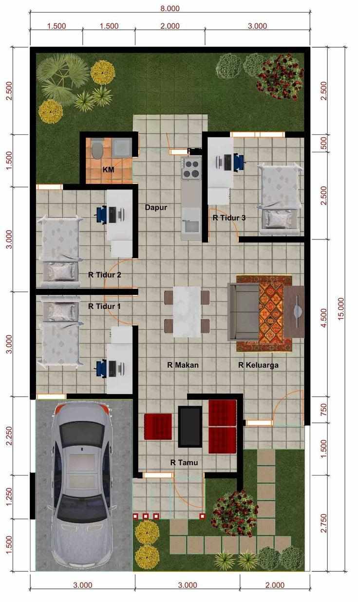 denah rumah 8x15 3 kamar tidur 1 lantai