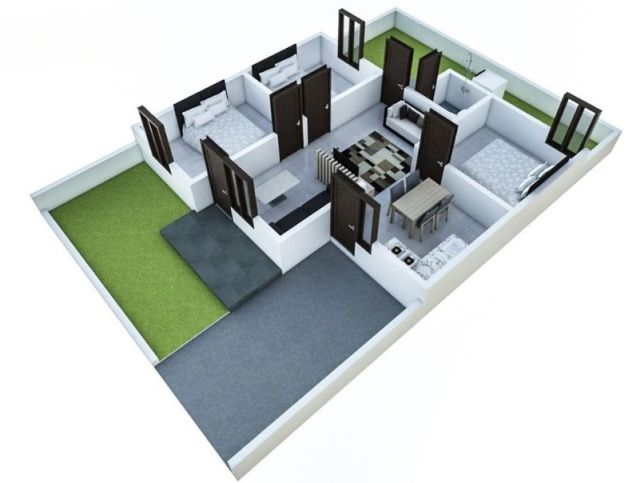 denah rumah 8x15 dengan 3 kamar tidur 3d