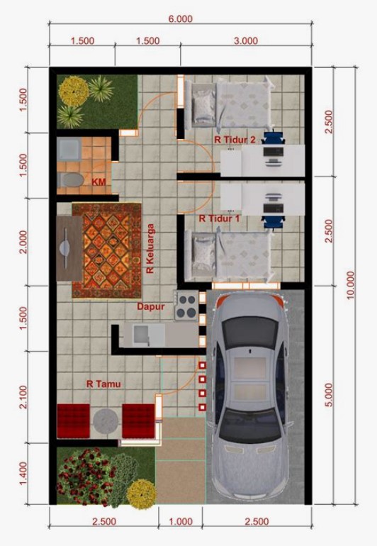 Denah rumah 6X10 2 kamar tidur