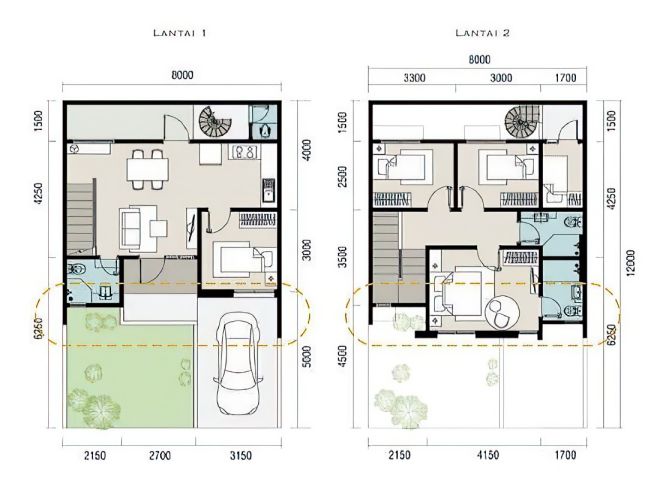 Denah Rumah kotak minimalis 4 Kamar Ukuran 8X12 meter