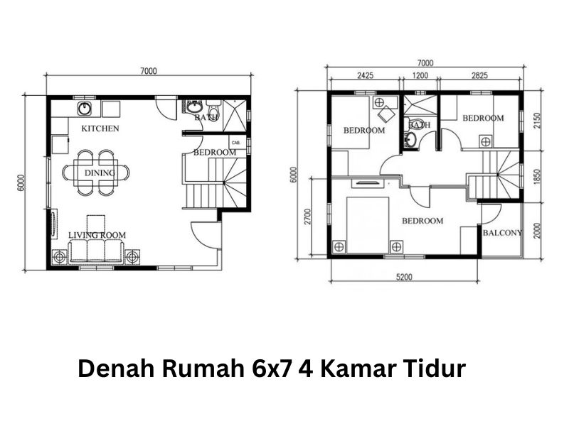 Denah Rumah 6x7 2 lantai 4 Kamar Tidur