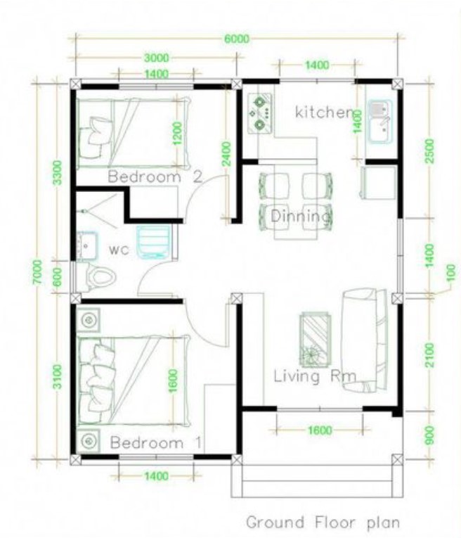 denah rumah 6x7 1 lantai 2 kamar tidur