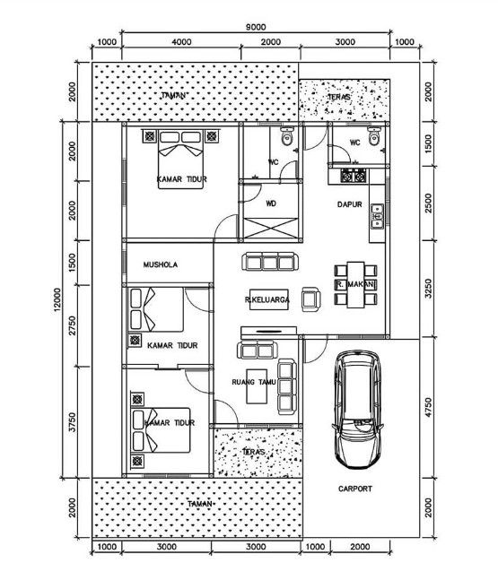 denah rumah 9x12 3 kamar 1 mushola