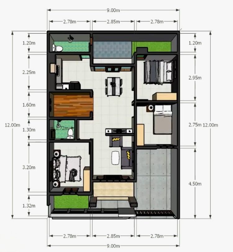 denah rumah minimalis 9x12 1 Lantai