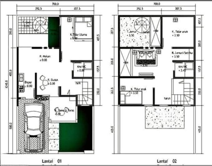 denah rumah ukuran 6x7 meter 2 lantai 3 kamar tidur