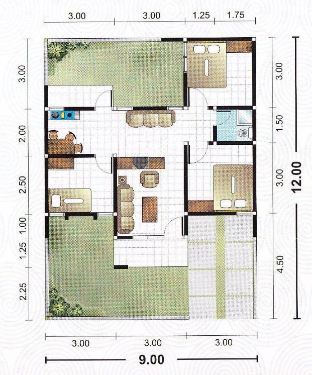 desain rumah 9x12 3 kamar tidur sederhana