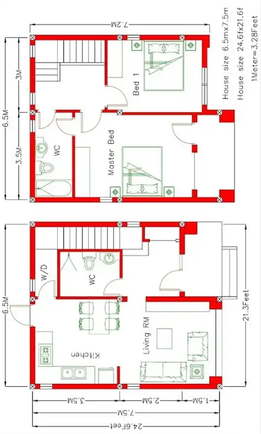 Denah Rumah ukuran 6x7 meter 2 lantai