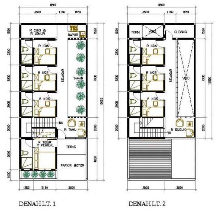 denah desain rumah kost 2 lantai