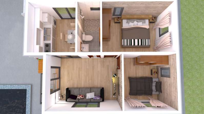 Denah Rumah Minimalis 6×8 2 Kamar Bergaya Kayu