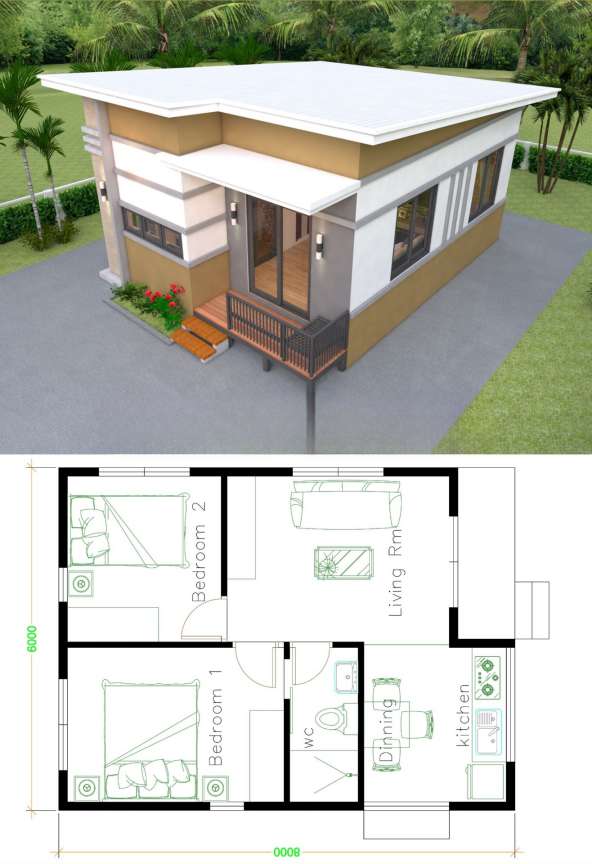Denah Rumah 6x8 2 Kamar Tidur