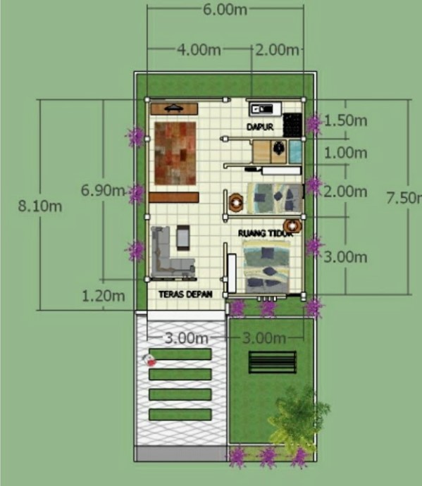 Konsep Terbuka (Open-Plan) Denah Rumah 6x8 Meter