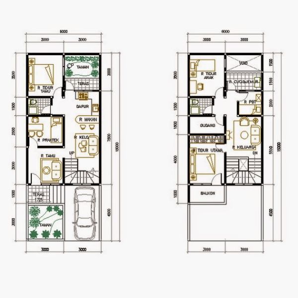 denah rumah 6x10 2 lantai dengan 3 kamar tidur