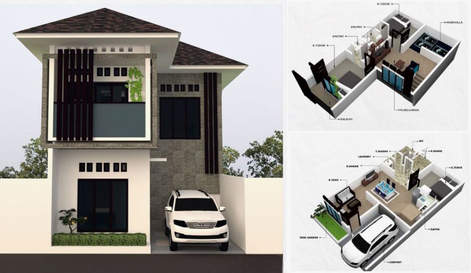 Denah Rumah 6x10 Leter L 2 lantai lengkap dengan tampak