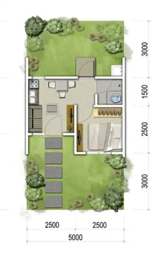 Denah Rumah 5x10 1 lantai Minimalis Taman Depan Belakang