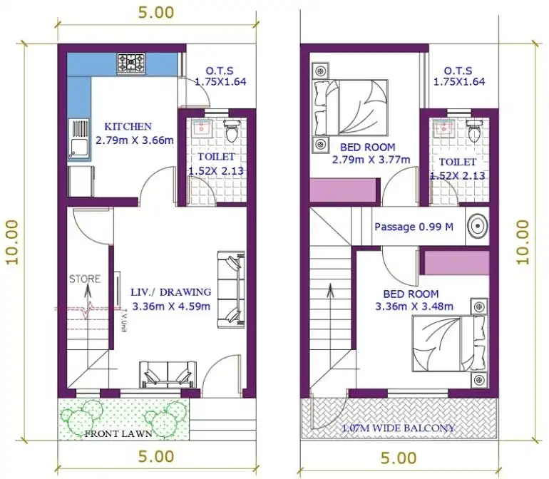 Denah Rumah 5x10 2 lantai 2 kamar