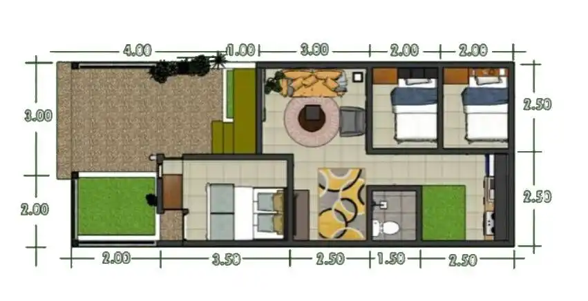 Denah Rumah 5x10 3 kamar tidur