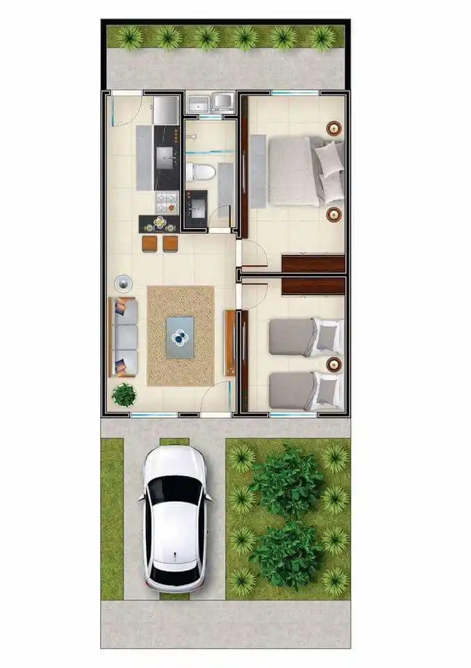 desain rumah 5x10 2 kamar halaman luas
