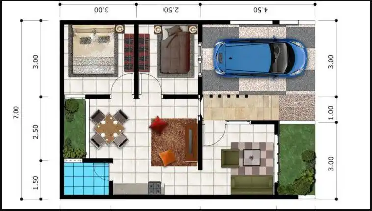 Denah Rumah Type 45 dengan 2 Kamar Tidur
