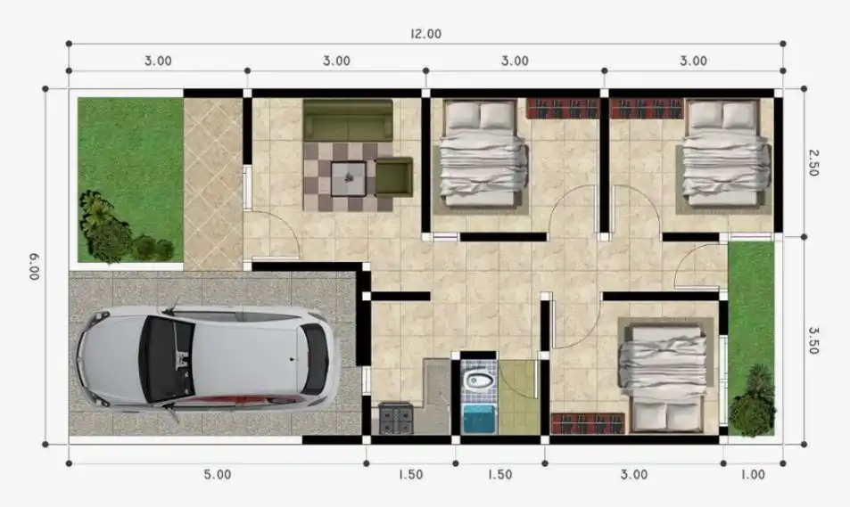 Denah Rumah Type 45 dengan 3 Kamar Tidur 1 Lantai