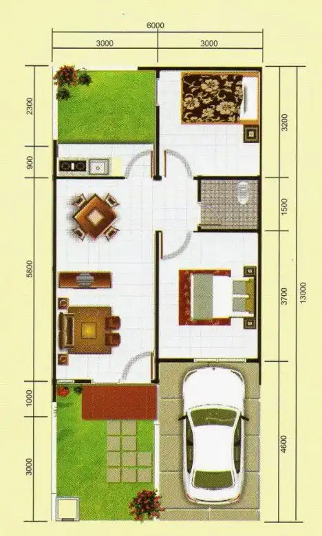 Denah Rumah Type 45 dengan Taman depan belakang