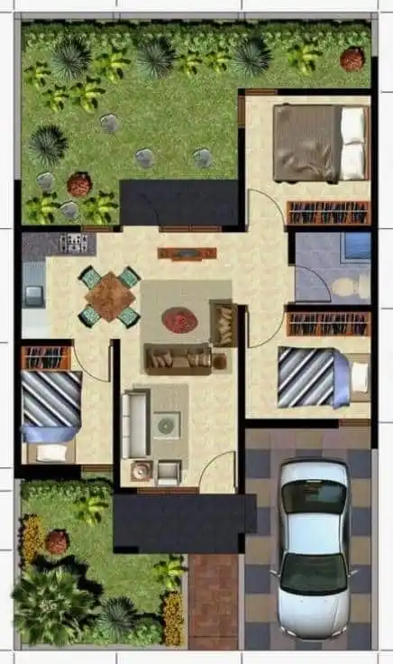 Denah rumah type 45 dengan 3 kamar tidur dengan halaman luas